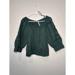 Anthropologie Womens Green Square Neck Lace Trimmed Gathered Sleeve Blouse M